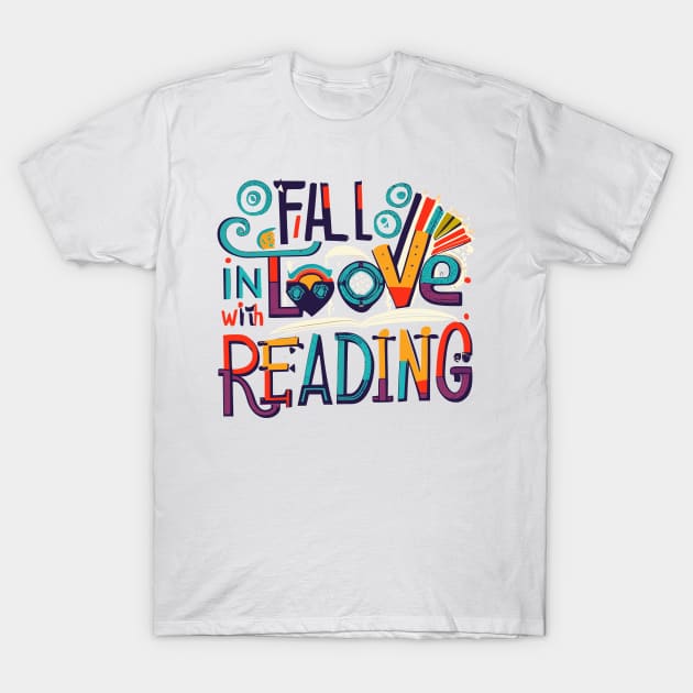 Fall In Love With Reading Book Autumn Pumpkins And Teachers T-Shirt by CosmicCat